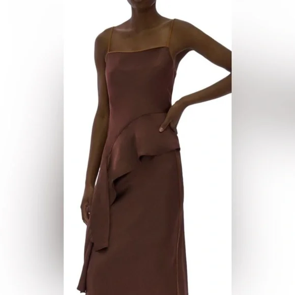 Helmut Lang Asymmetrical Brown Satin Sleeveless Blouse - Picture 2 of 12